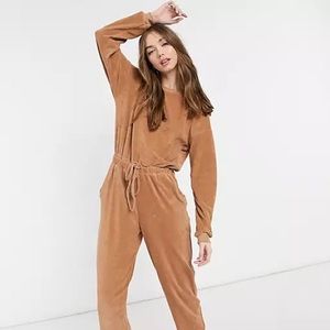 ASOS DESIGN Towelling Button Back Sweatpants Jumpsuit in Camel | US 2
